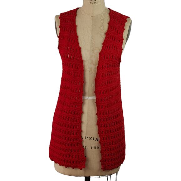 Vintage 70s red hand knit long vest Small Medium - Picture 1 of 5